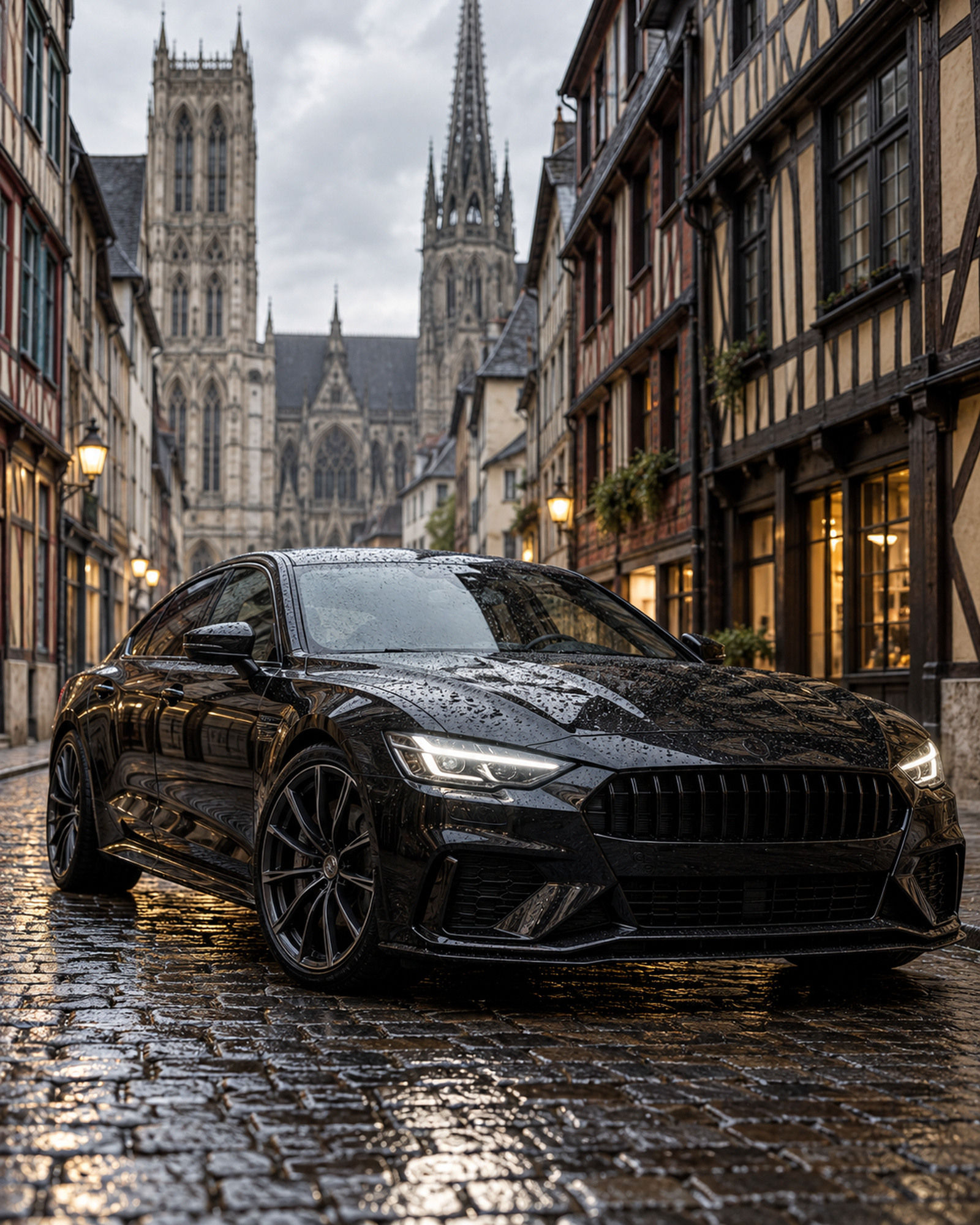 voiture sombre sur des pavés mouillés, façades à colombages rouennaises