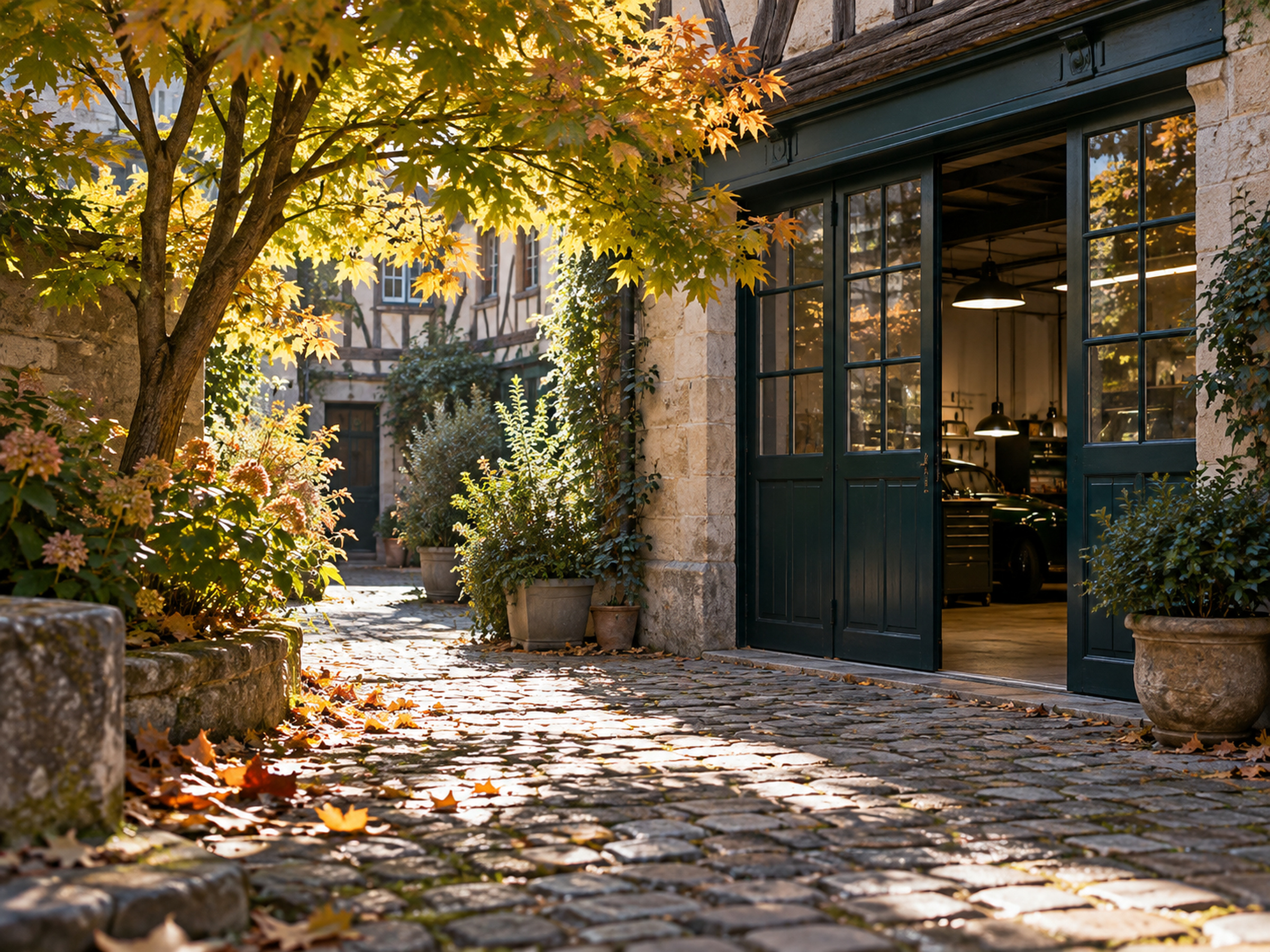 entrée d'un passage pavé avec un érable, porte d'atelier vert sombre